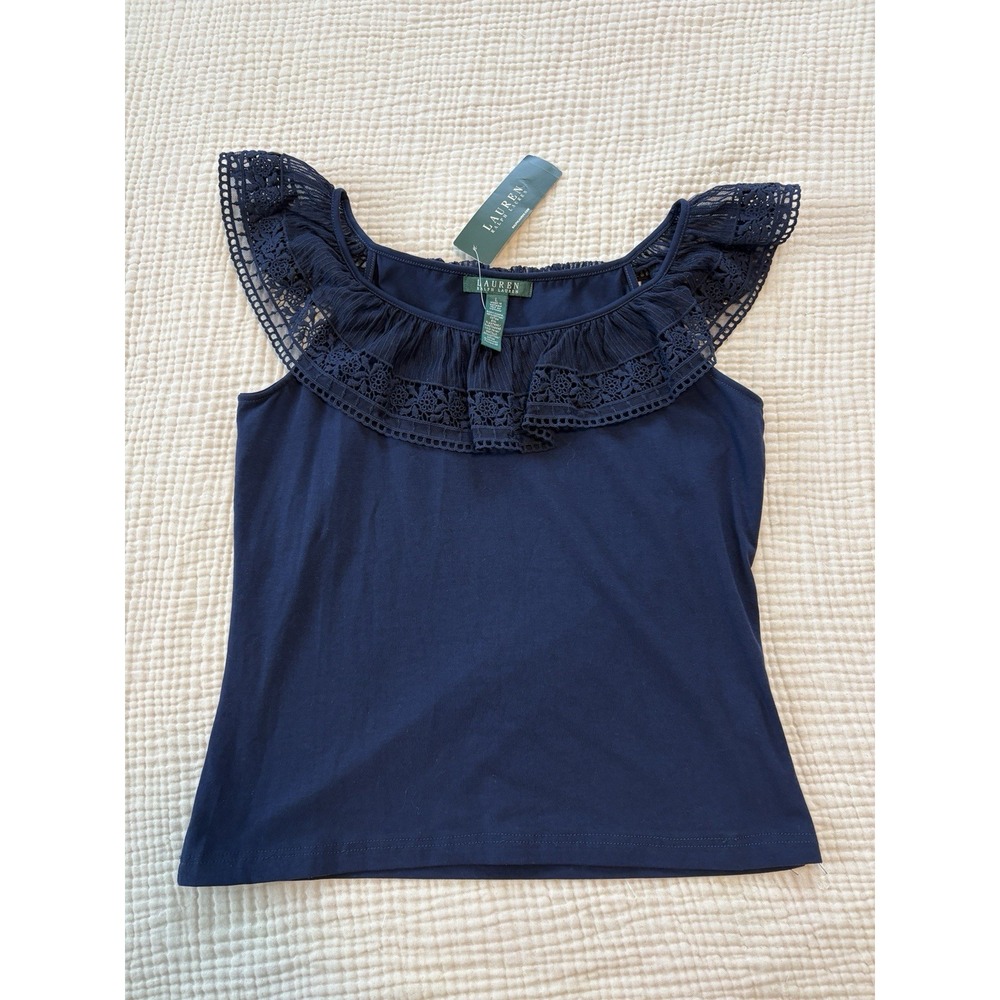 Lauren Ralph Lauren Top Womens Cotton Lace-Trim Blouse Size XL Blue Ruffled